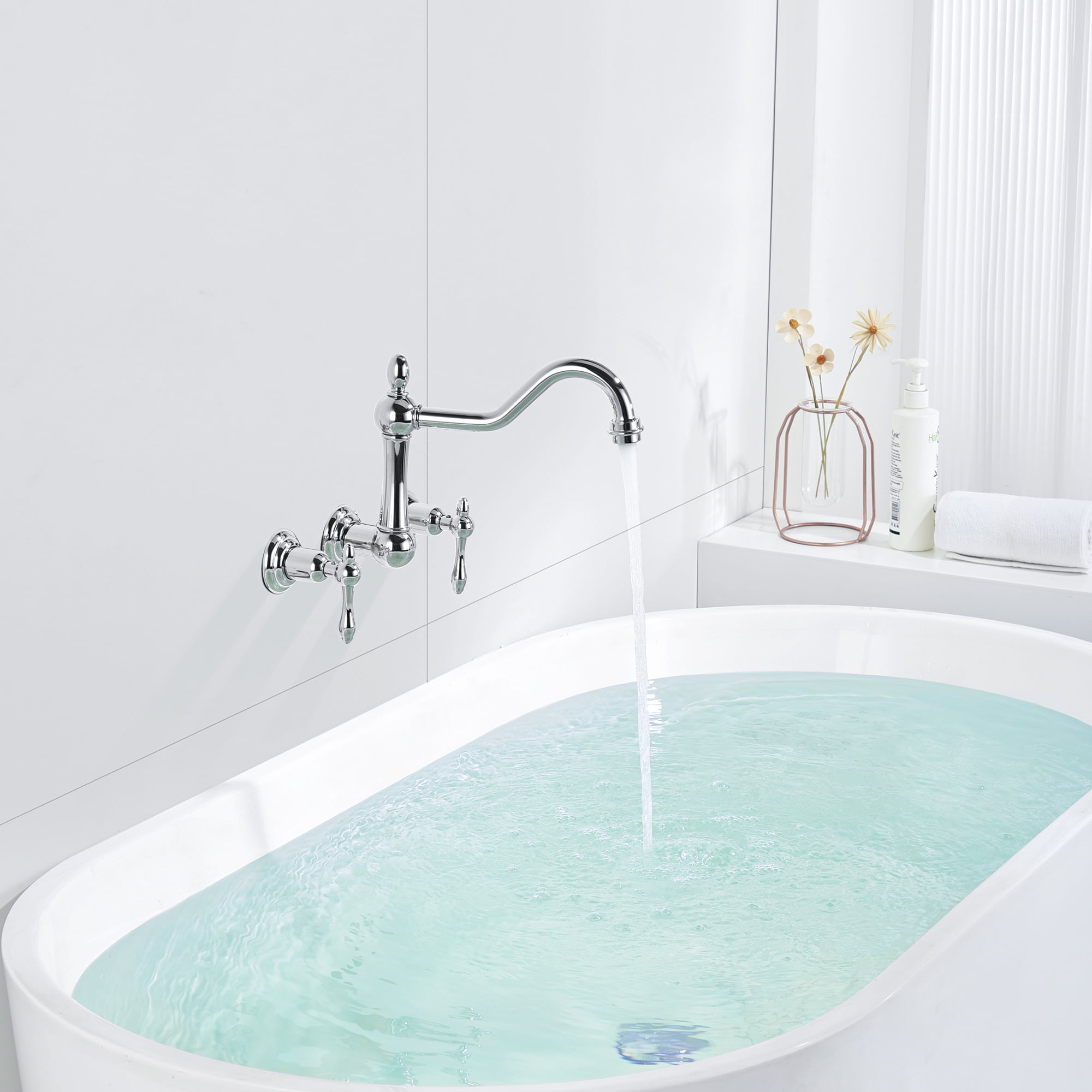 sumerain Vintage Tub Faucet Wall Mount Bathtub Faucet 3 Hole 8 Inches Center Chrome