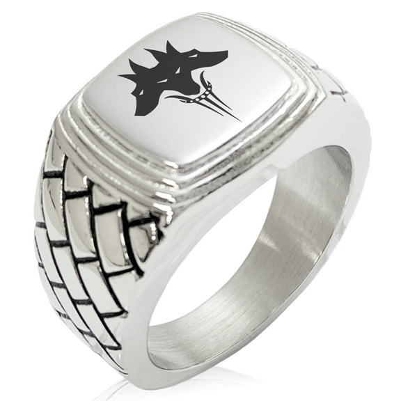 Stainless Steel Greek Mythology Cerberus Geometric Pattern Step-Down Biker Style Polished Ring