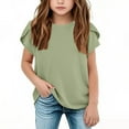 thumbnail image 2 of JTSRKL Kids Girls Cotton and Linen Shirts Casual Summer Petal Short Sleeve Round Neck Solid Color Tunic Blouse Lightweight Soft Comfy Tees Shirt Tops Green 14-15 Years, 2 of 9