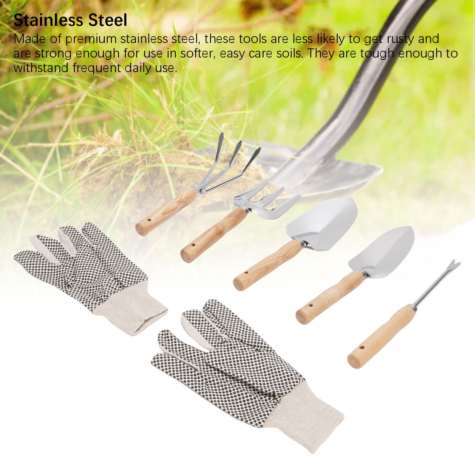 NFTIGB 7-Piece Garden Tools Set with Wooden Handle, Stainless Steel Shovel, Trowel, Weed Puller, Hand Fork, Rake and Canvas Gloves for Vegetable Flower Planting (12.6 in / 32 cm)