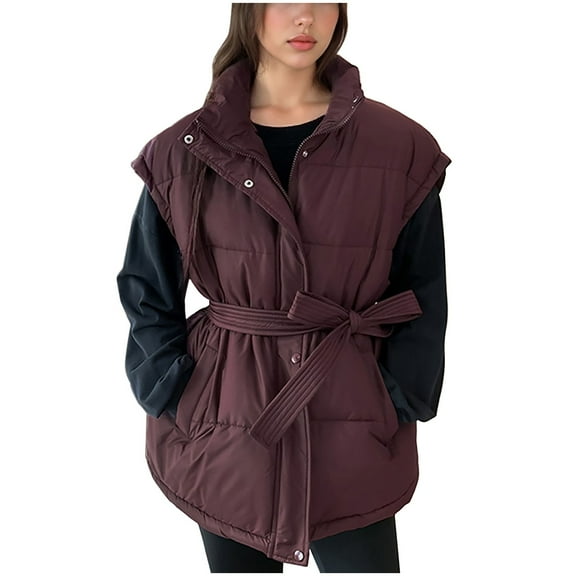biudgviw Puffer Vest for Women Winter Warm Button Zip up Quilted Padded Jacket Casual Belted Stand Collar Oversized Outwear with Pockets