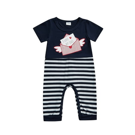 

wdehow Babys Casual Short Sleeve Jumpsuit Fashion Letters Stripe Printed Round Neck Long Romper