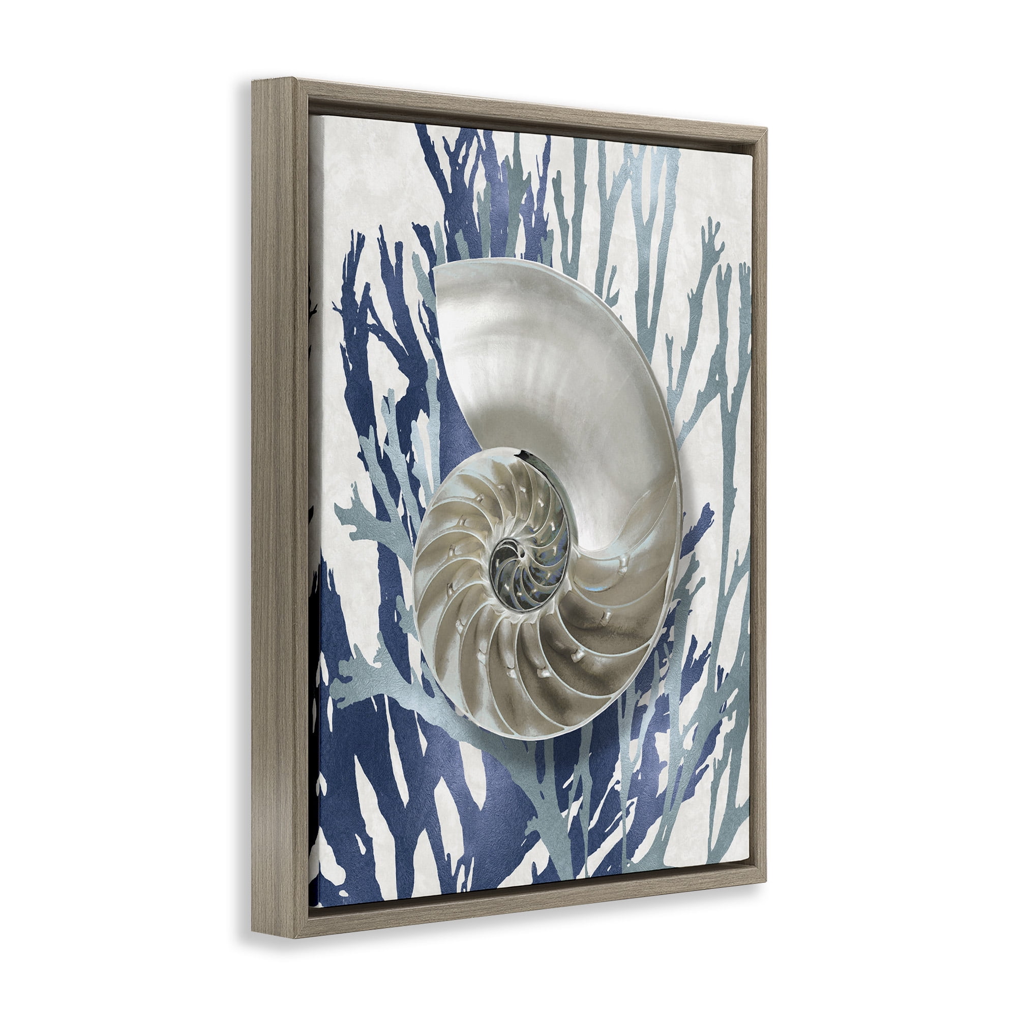 Stupell Industries Shell Coral Beach Blue Design Nature Painting Brown Floater Framed Canvas Art Print Wall Art, 17 x 21