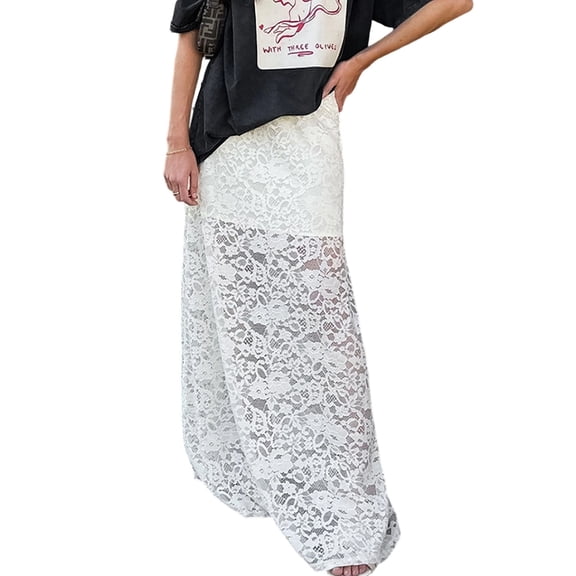 Women'S Elastic High Waisted Flowy A-Line Maxi Lace Skirt Summer Casual Long Skirts White S