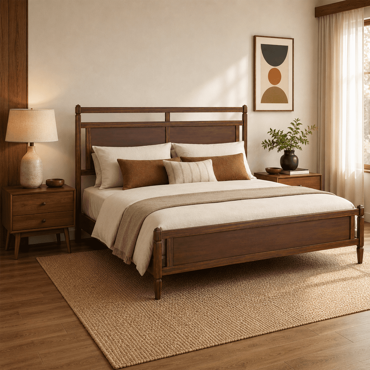 Euroco Modern Wood King Size Platform Bed, Mid-Century Bed Frame with Panel Headboard, No Box Spring Needed, Dark Walnut