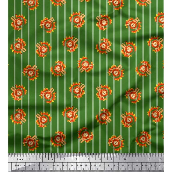 Soimoi Green Moss Georgette Fabric Stripe,Fire Ring & Lion Cartoon Print Sewing Fabric BTY 42 Inch Wide