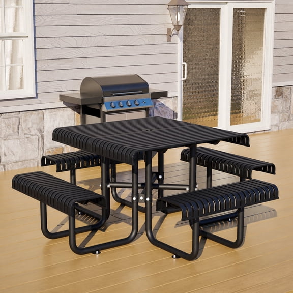 Bullenfity Outdoor Metal Picnic Table with Umbrella Hole, 4-8 Person Patio Set, Rustproof Steel Bench for Garden, Camping, Black