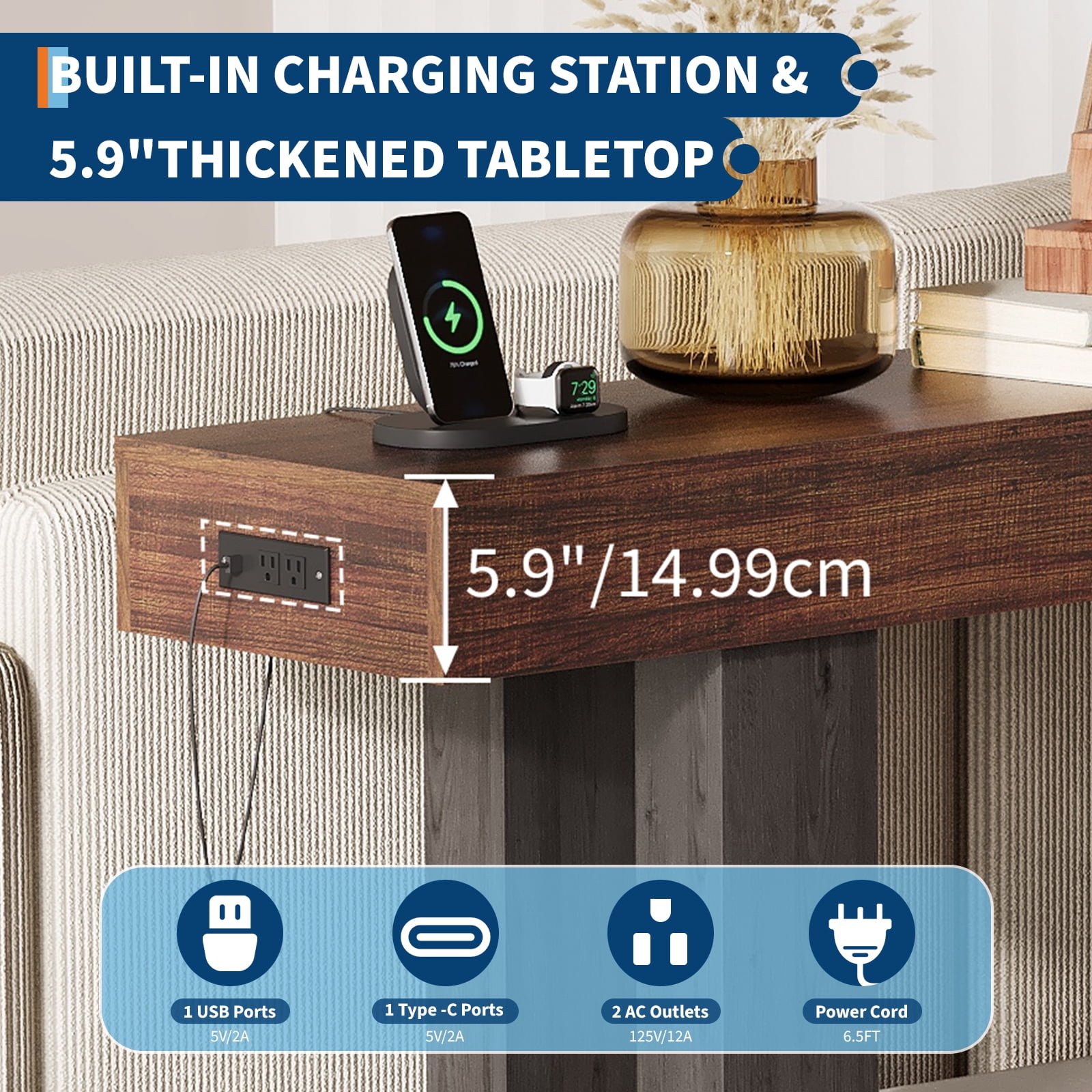 63 Inch Console Table with Power Outlet, Extra Long Sofa Table Behind Couch with USB & Type c Ports, Narrow Entryway Table for Hallway, Entrance, Living Room, 33.3" High