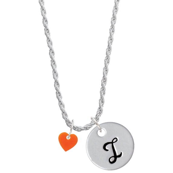 Delight Jewelry Acrylic 5/16" Orange Heart Silvertone Script Initial Disc - I - Charm Necklace, 20"+3"