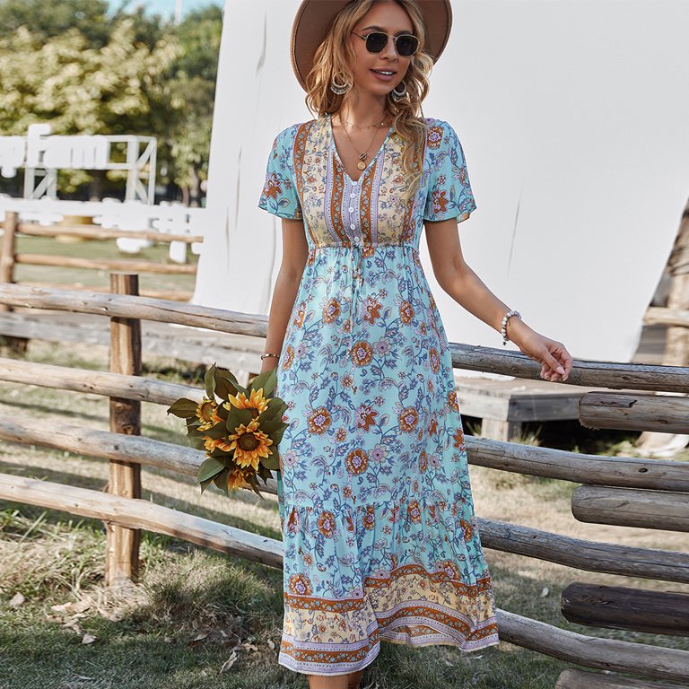 casual midi floral dresses for women Cream A-Line Midi Casual Party Dress with Floral Print Cream Floral Print / Large