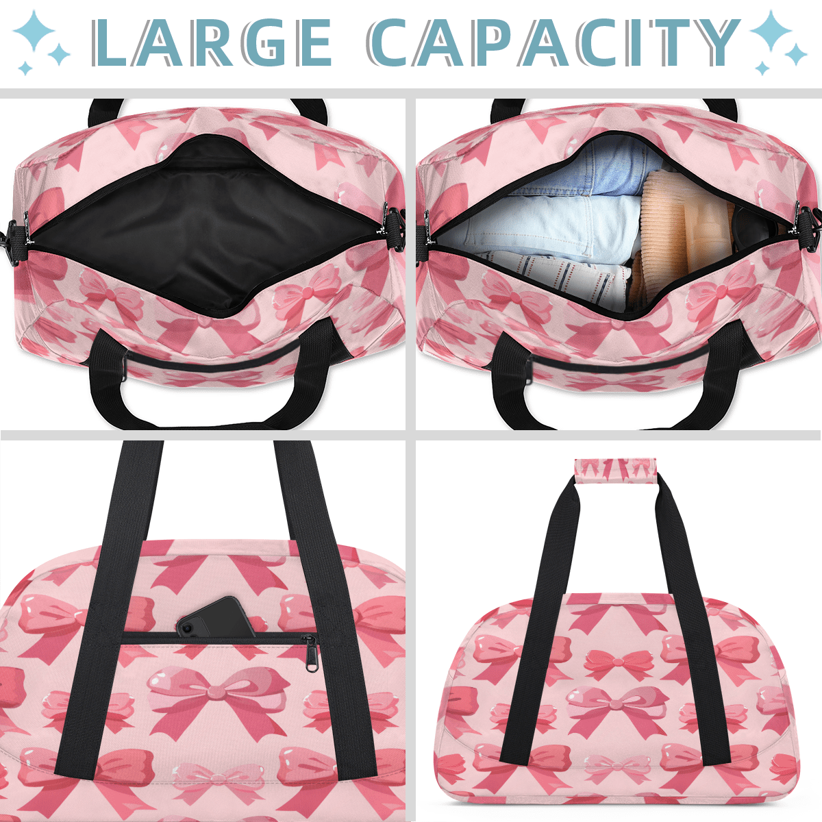 Herdesigns Pink Bow Sports Duffle Bag for Women & Men, Cute Gym Bag Dance Bag Overnight Bag Carry On Weekender Travel Bag