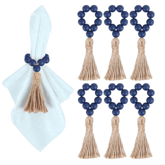 Set of 6 Navy Blue Wooden Bead Napkin Rings, Stretchable Cloth Napkin Rings with Handmade Tassel, Coastal Farmhouse Decor Napkin Holder for Wedding Party Dining Table