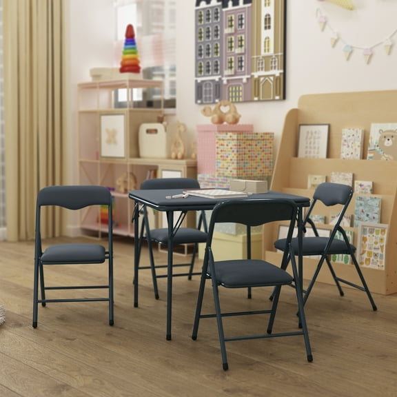 HBCY Creations 5 Piece Kid's Folding Table and Chairs Set - Navy Design - Lightweight & Portable - Safety Lock Feature - Seating for 4