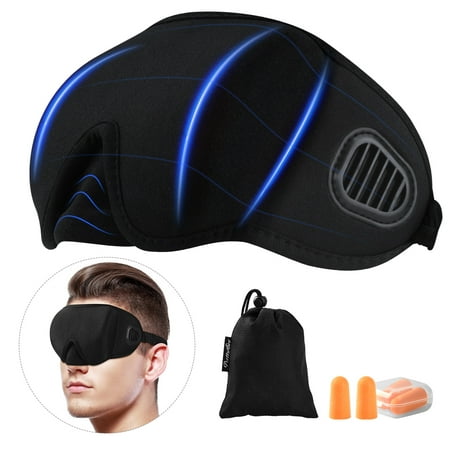 3D Sleep Mask - Unique Air Ventilated No Pressure Eye Mask for Sleeping, Travel, Airplane, Insomnia - Light Blockout with Adjustable Anti-Slip Gel/Ear Plugs Pouch for Men Women, Black