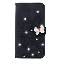Allytech Galaxy S21 Ultra(6.8"), PU Leather Magnetic Bling Diamonds Embossed Butterfly Case with Card Slots Flip Stand Hand Strap Cover SmartPhone Case for Samsung Galaxy S21 Ultra 5G 6.8" 2021, Black