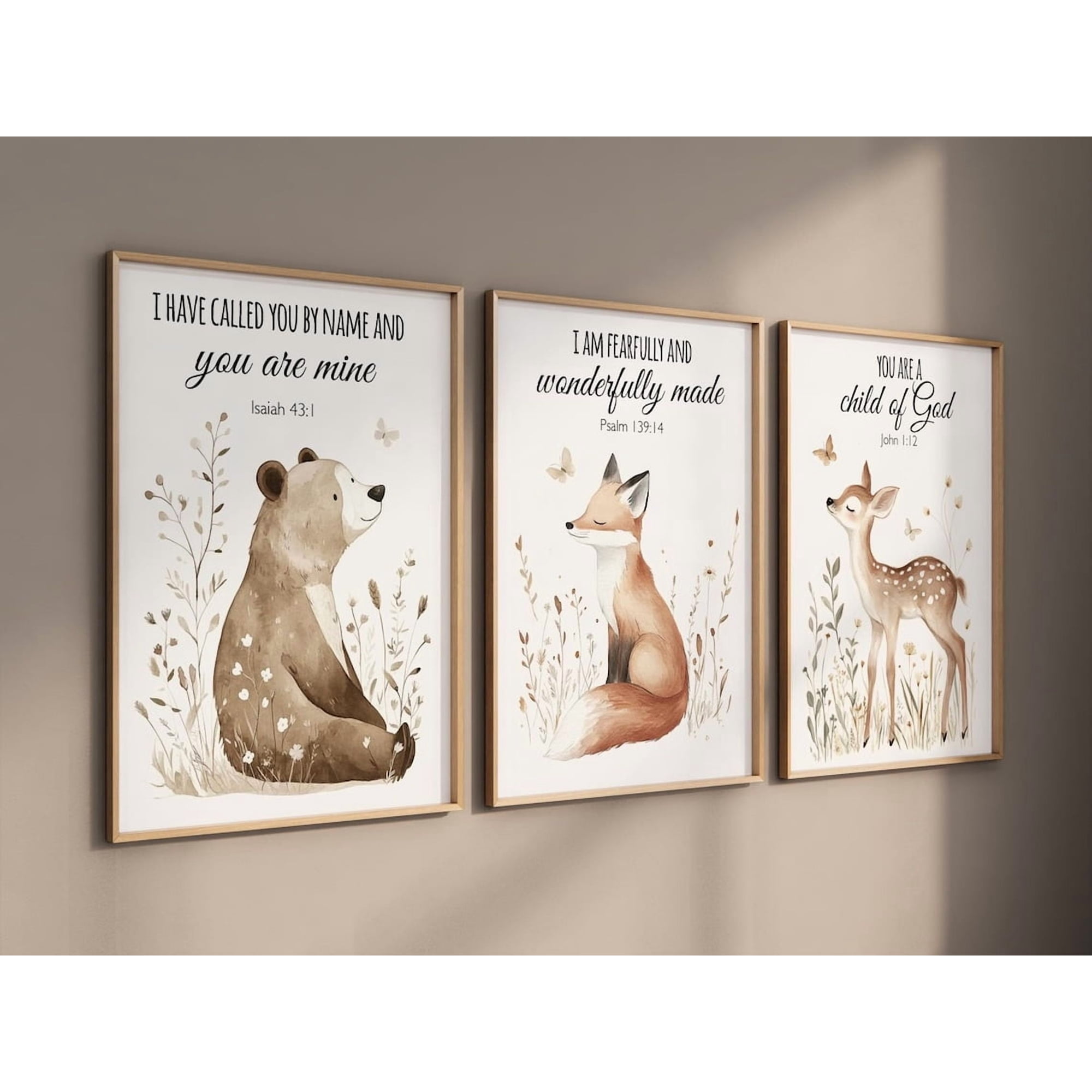 Woodland Animal Nursery Wall Art Bear Fox Deer Scripture Prints Neutral Baby Room Decor Prints Set 3