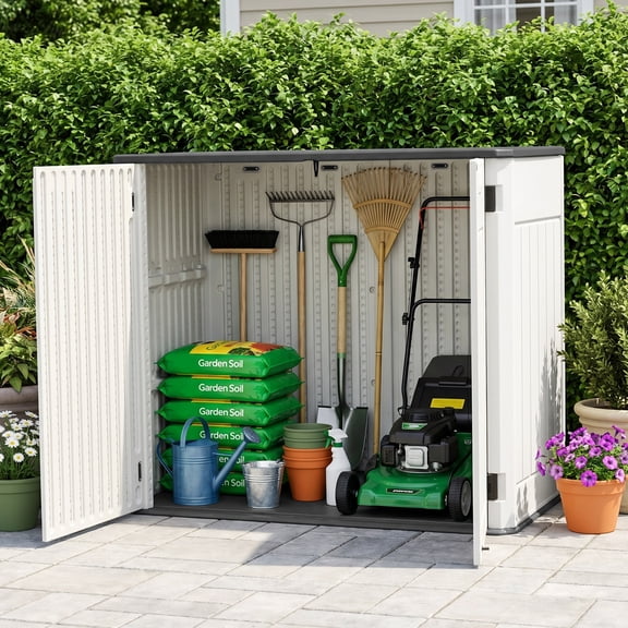 ZYJOYY 46 Cu.FT Outdoor Storage Shed with Floor, Lockable & Waterproof Horizontal Resin Cabinet for Patio Tools, Light Grey