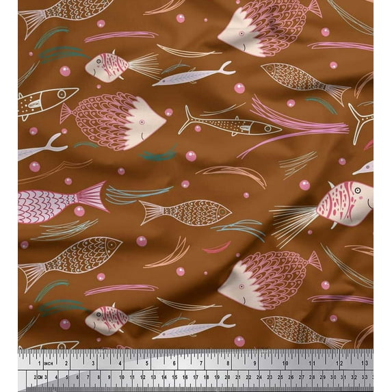 Soimoi Brown Cotton Poplin Fabric Bubbles & Fish Ocean Print Fabric by the Yard 56 Inch Wide