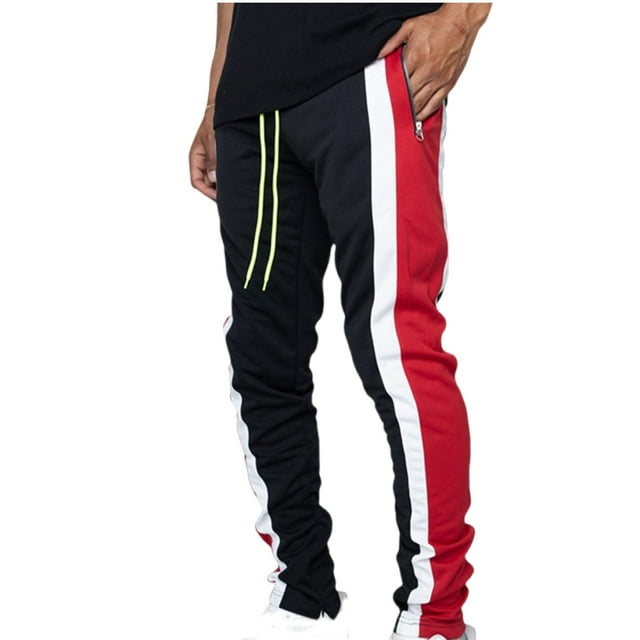 Kyusrd Sweatpants For Men Striped Elastic Waist Drawstring Open Bottom Pants Zipper Pockets Casual Color Block Lightweight Jogger Pants