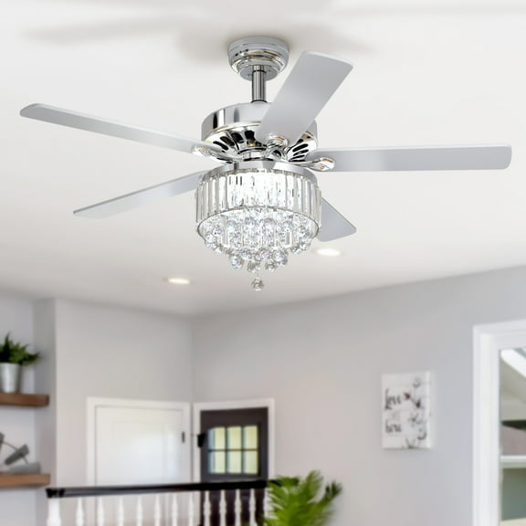 DWVO 52in Chandelier Crystal Ceiling Fan With Light and Remote, Crystal Ceiling Fan Light With 5 Blades, 3 Speed, Silent Reversible DC Motor,Timer