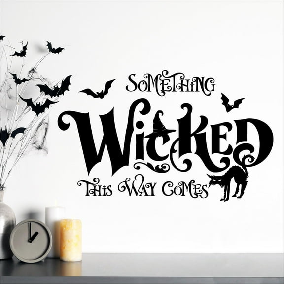 Something Wicked This Way Comes with Spooky Owl and Bats Vinyl Lettering Halloween Decals Wall Decal Size: 12.5"H x 20"L - Black