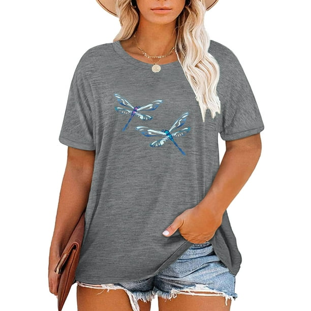 Anbech Dragonfly Shirt Plus Size Graphic Tees for Women Casual Tops ...