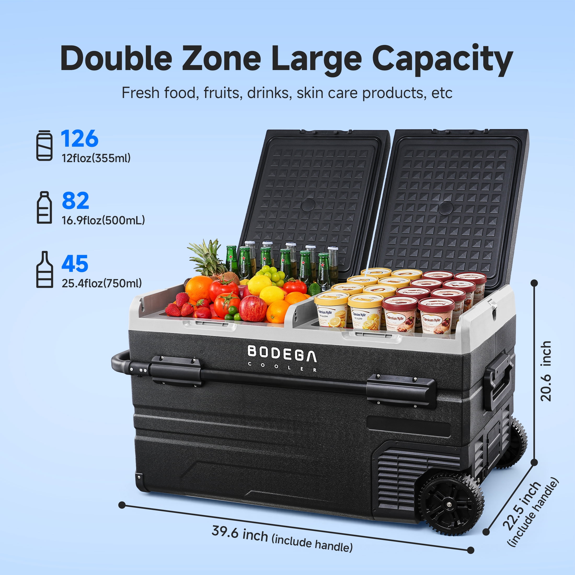 BODEGA 12V Car Refrigerator 121 Quart 115L Dual Zone Portable Freezer Cooler with WIFI App Control, -4℉ to 68℉, 12/24V DC & 100-240V AC, for Travel, Camping, RV & Outdoor Use