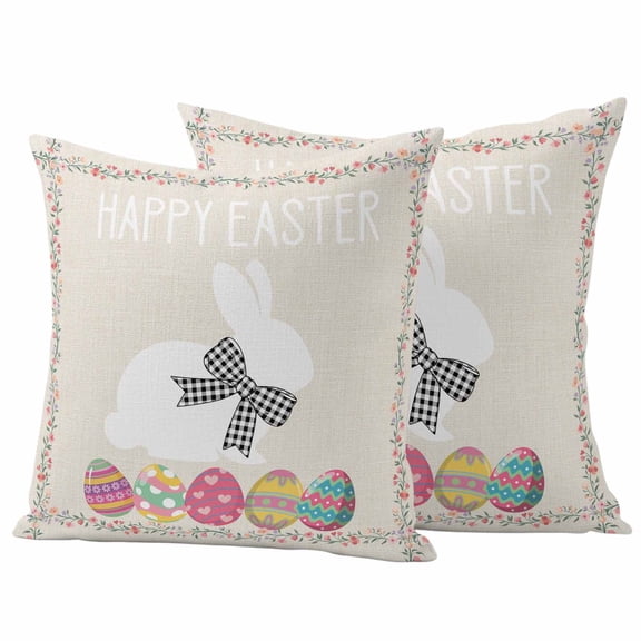 Outdoor Waterproof Pillow Covers Happy Easter Words on Linen Decorative Throw Pillow Protectors,Pillowcase Cushion Cases for Patio Sofa Garden Couch,16x16in,Pack of 2