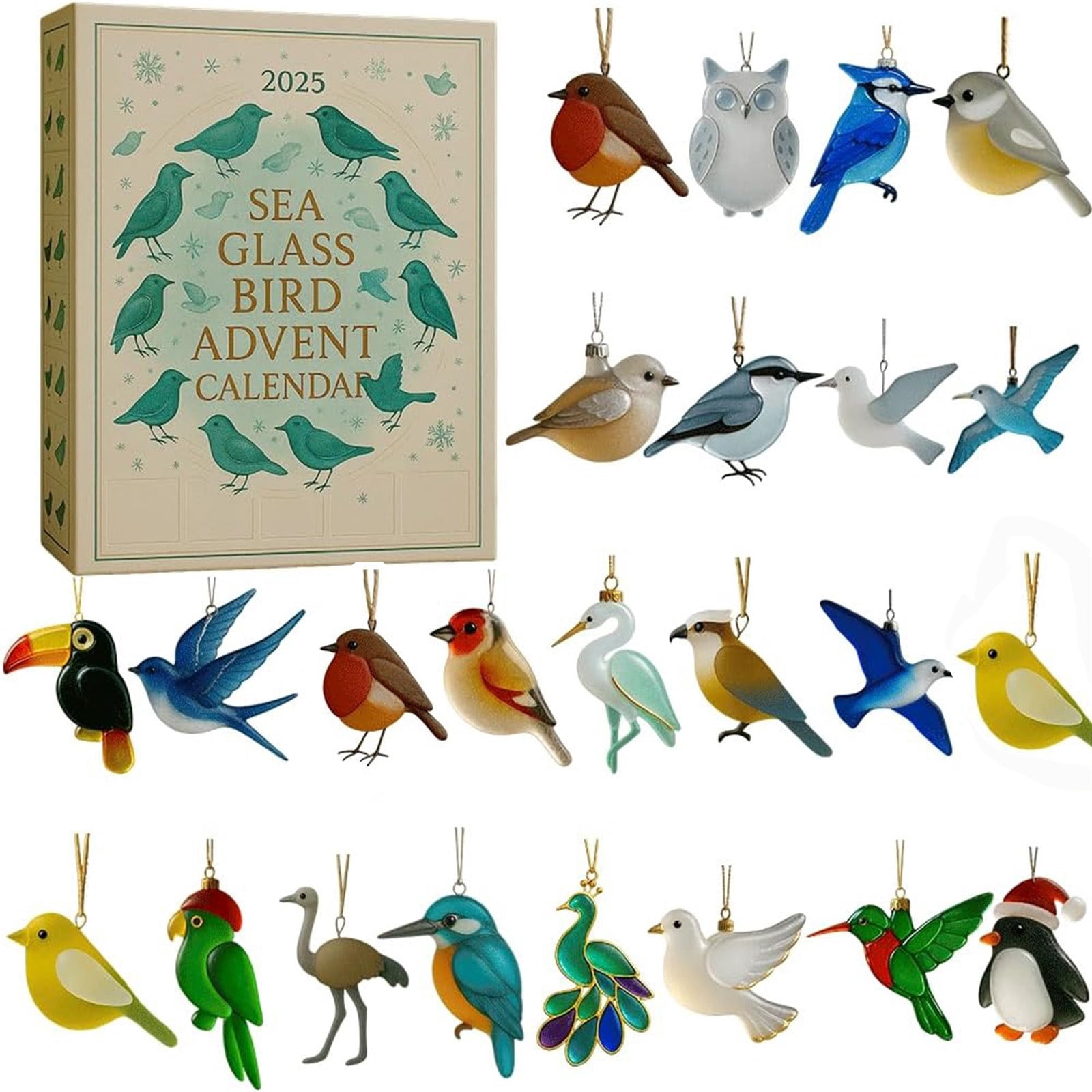 REZUOFI 4 Pcs Sea Advent Calendar 2025 - 24 Days Bird Ornament Holiday Countdown with Natural Sea Glass Decor, Holiday Gift for Nature Lovers