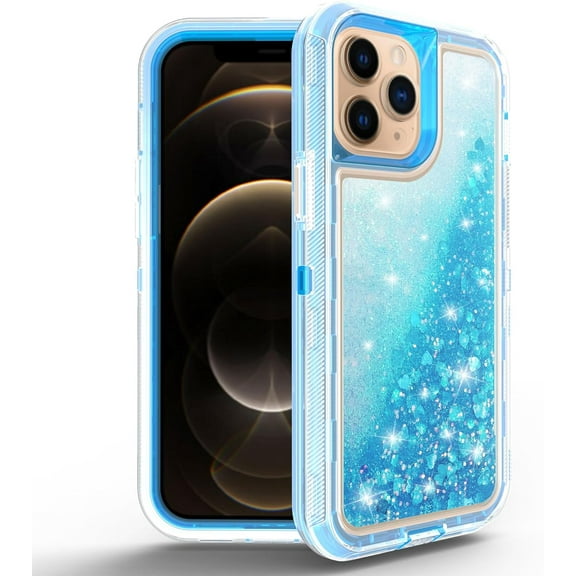 For Apple iPhone 16 Pro Max Dual Layer Protective Shockproof Tough Defender Sparkling Liquid Glitter Heart Case Cover Blue