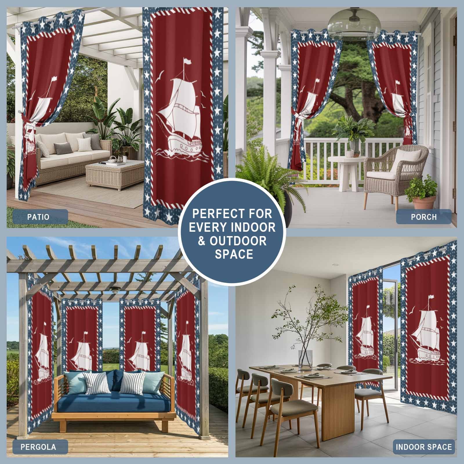 Independence Day Outdoor Curtains for Patio, America Flag Star Ocean Coastal Seaships Seagull Sunshade Privacy Drapes Grommet Waterproof Outside Curtains for Porch/Cabana/Balcony 54"x 108", 1 Panel