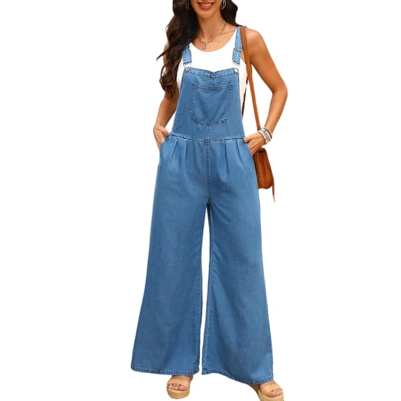 Women's Denim Overalls - Fashion Casual Suspender Pants, Blue Size L