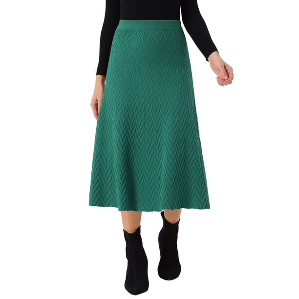 Falda midi de punto acampanada de mujer INSPIRE CHIC, con cintura alta elástica y tejido elástico, color verde oscuro, talla S