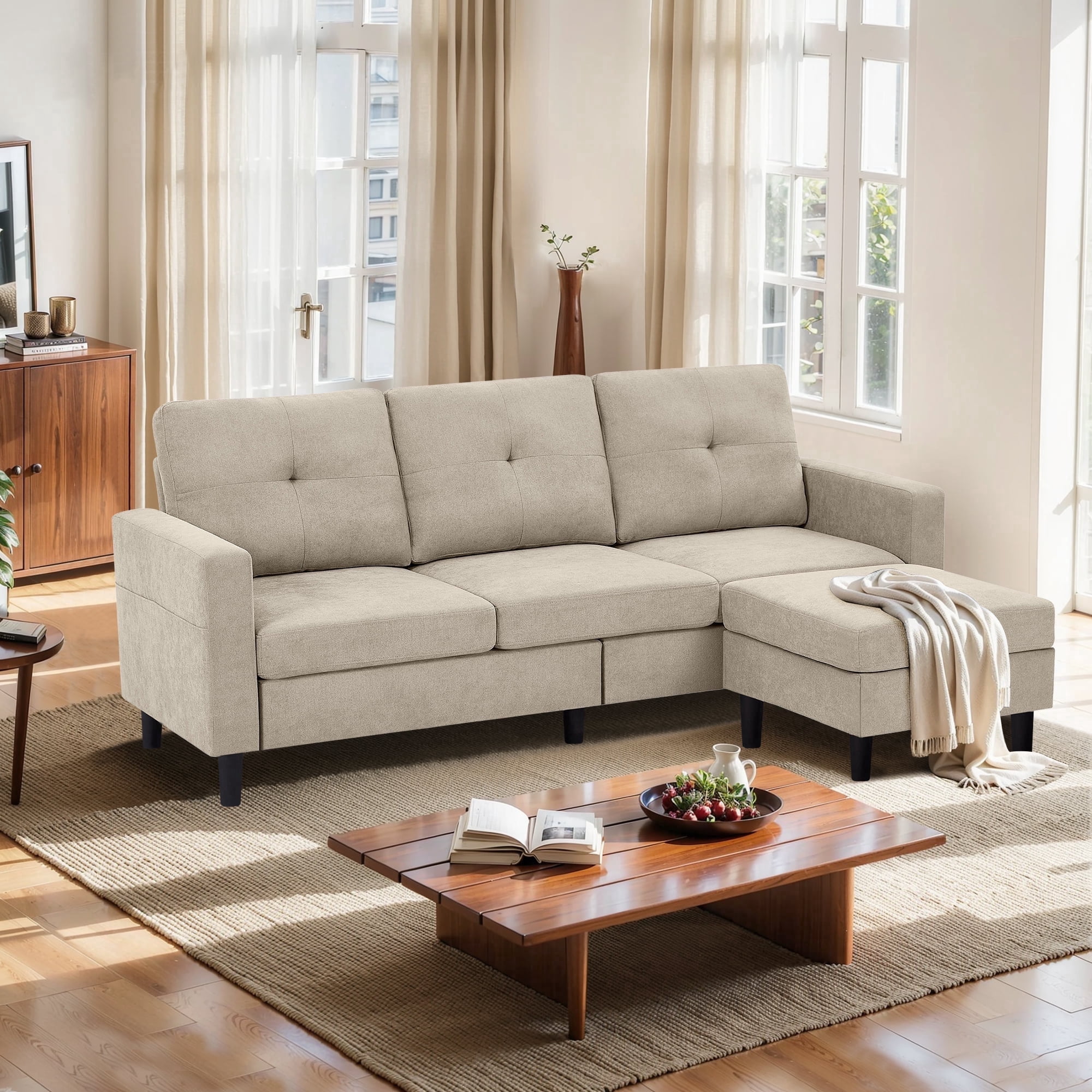 Pingliang Home Sectional Sofa with Storage Ottoman, Modern Couch with Footstool and Side Pockets,3 Seat L Shaped Couches for Living Room Apartment Office Studio