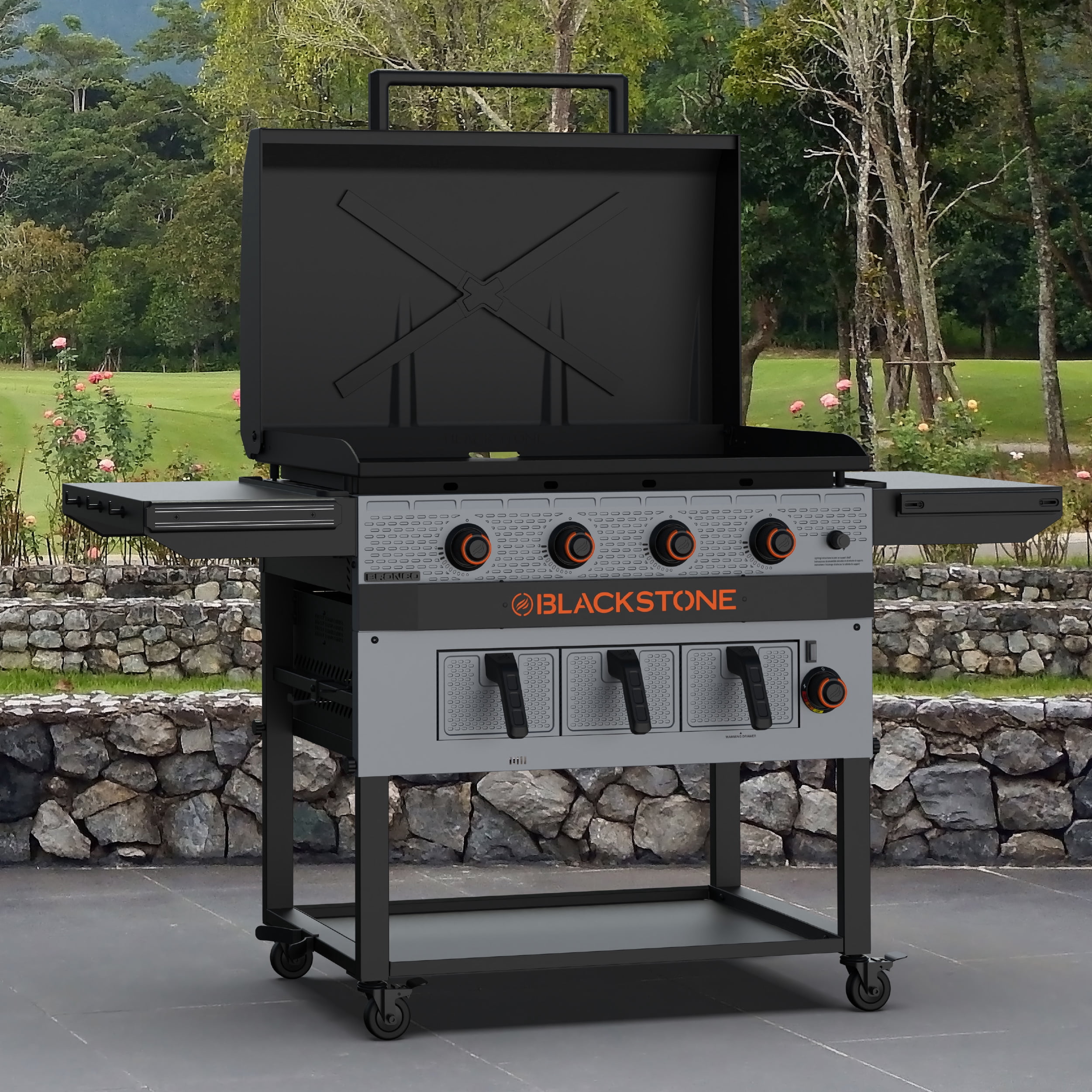 Blackstone Bronco Outdoor Combo Griddle, 36 Inch 4-Burner Flat Top Grill with Air Fryer, Gray