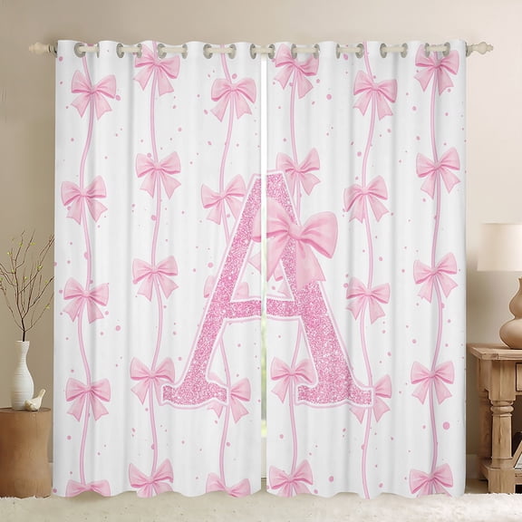Manfei Letter A Monogrammed Black Out Curtains,Cute Bow Knot Curtains Pack of 2 (42x63 Each),Pink Glitter Print Bedroom Curtains For Girl,Microfiber Room Decorative