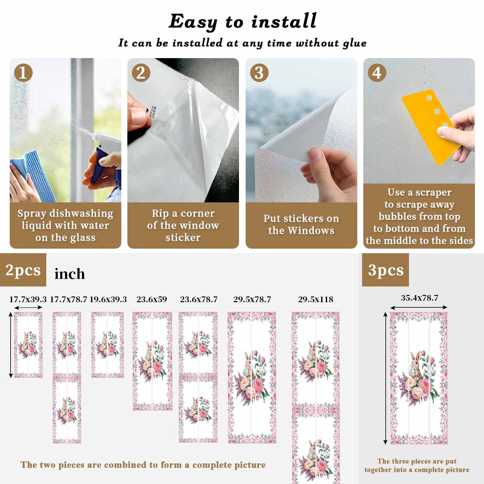 Easter Rabbit Window Privacy Film, Spring Pink Purple Floral Eggs Bunny Frosted Glass Window Clings Static Cling UV Heat Blocking Reusable Door Sticker for Bathroom 29.5 x 118 Inch