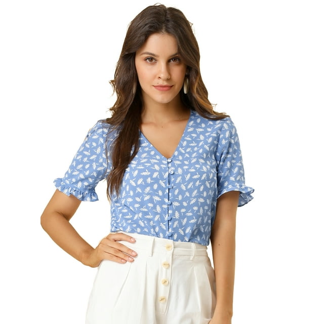 INSPIRE CHIC Women's Button Shirt V Neck Full Placket Short Sleeve Floral Top Blue L