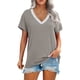 thumbnail image 1 of Blusa con cuello en V Manga corta Costuras de guipur Blusa ajustada suelta Camisa superior para mujer Verano Gris L, 1 of 5