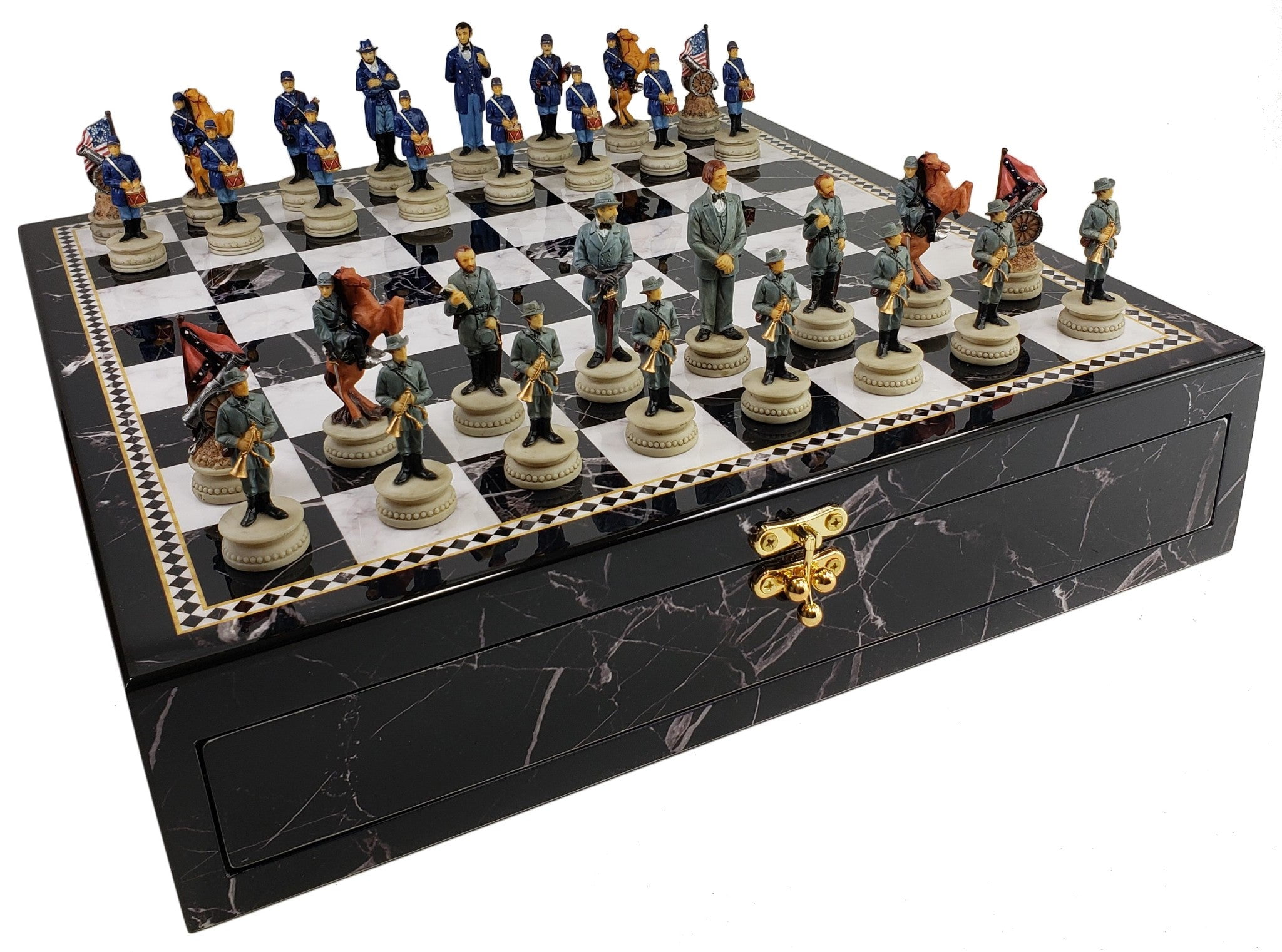 ORIENTAL THREE KINGDOMS Chess Set W/ LARGE CHERRY & BURL WOOD FINISH BOARD 18" 