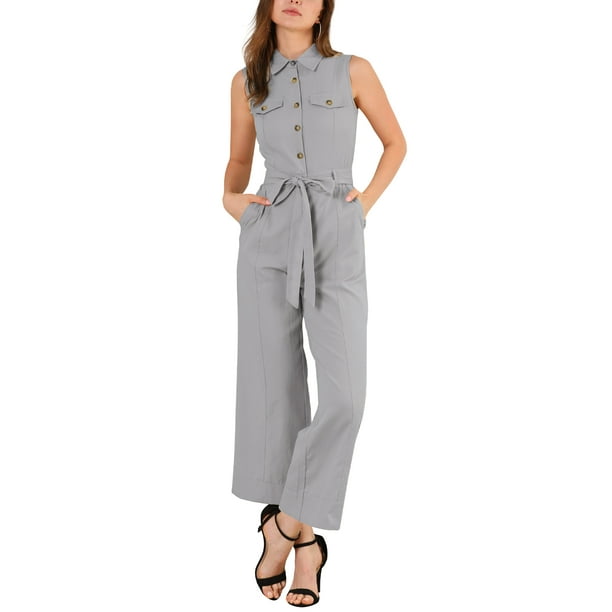 INSPIRAR CHIC Mono sin mangas con botón y cintura atada para mujer M Gris claro