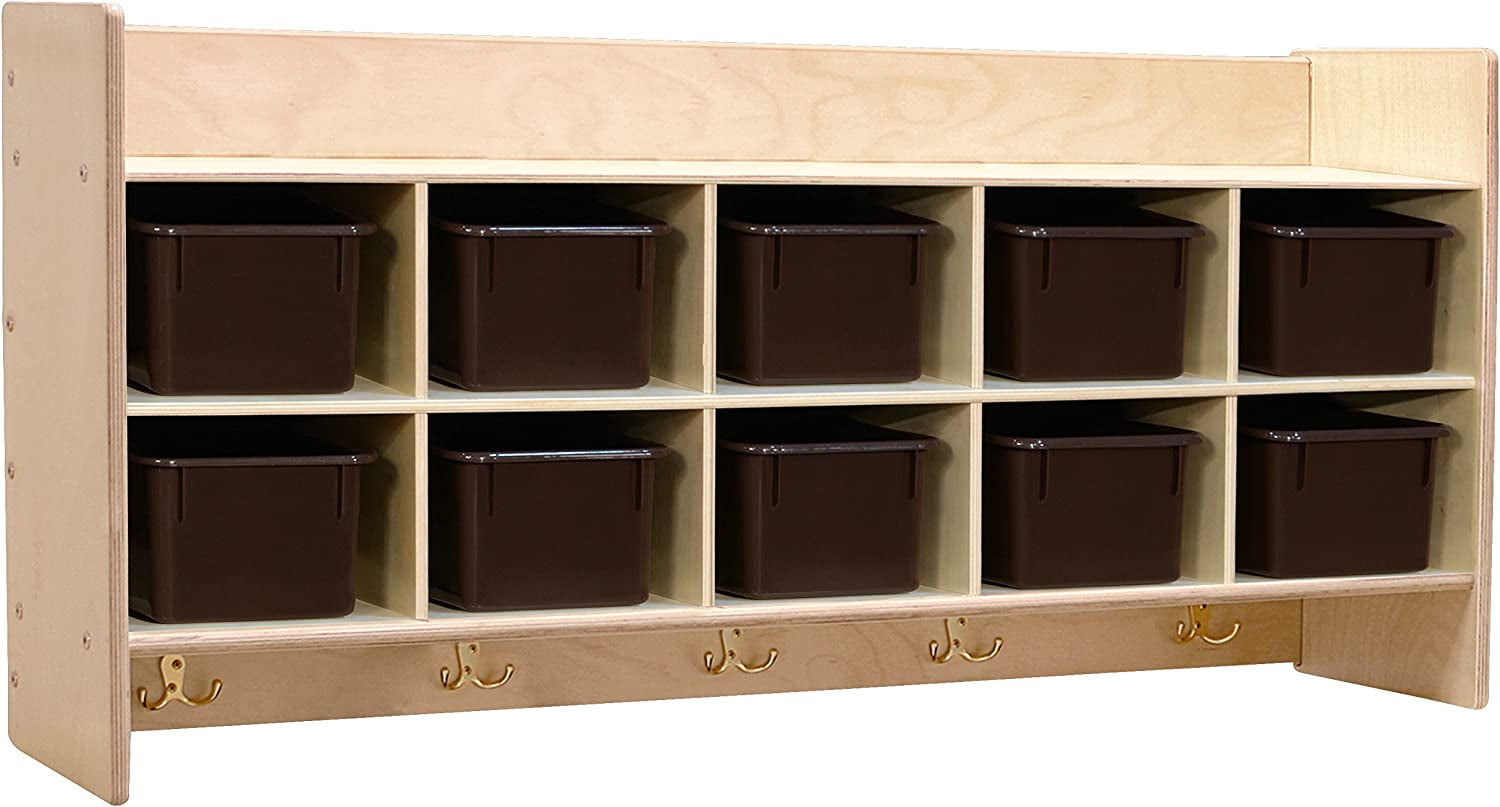 RRI Goods Wood Cubbies Storage w Brown Plastic Bins Wall Hanging Organizers