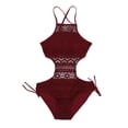 thumbnail image 2 of Joernso Sexy One-piece Swimsuit Halter Sleeveless Backless Monokini Slim Fit Solid Color Criss-Cross Back Hollow Lace Vacation Swimwear, 2 of 8