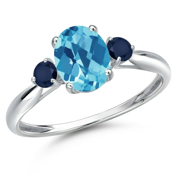 Gem Stone King 10K White Gold Swiss Blue Topaz and Blue Sapphire 3-Stone Ring for Women | 1.60 Cttw | Oval Checkerboard 8X6MM | Gemstone November Birthstone | Size 8