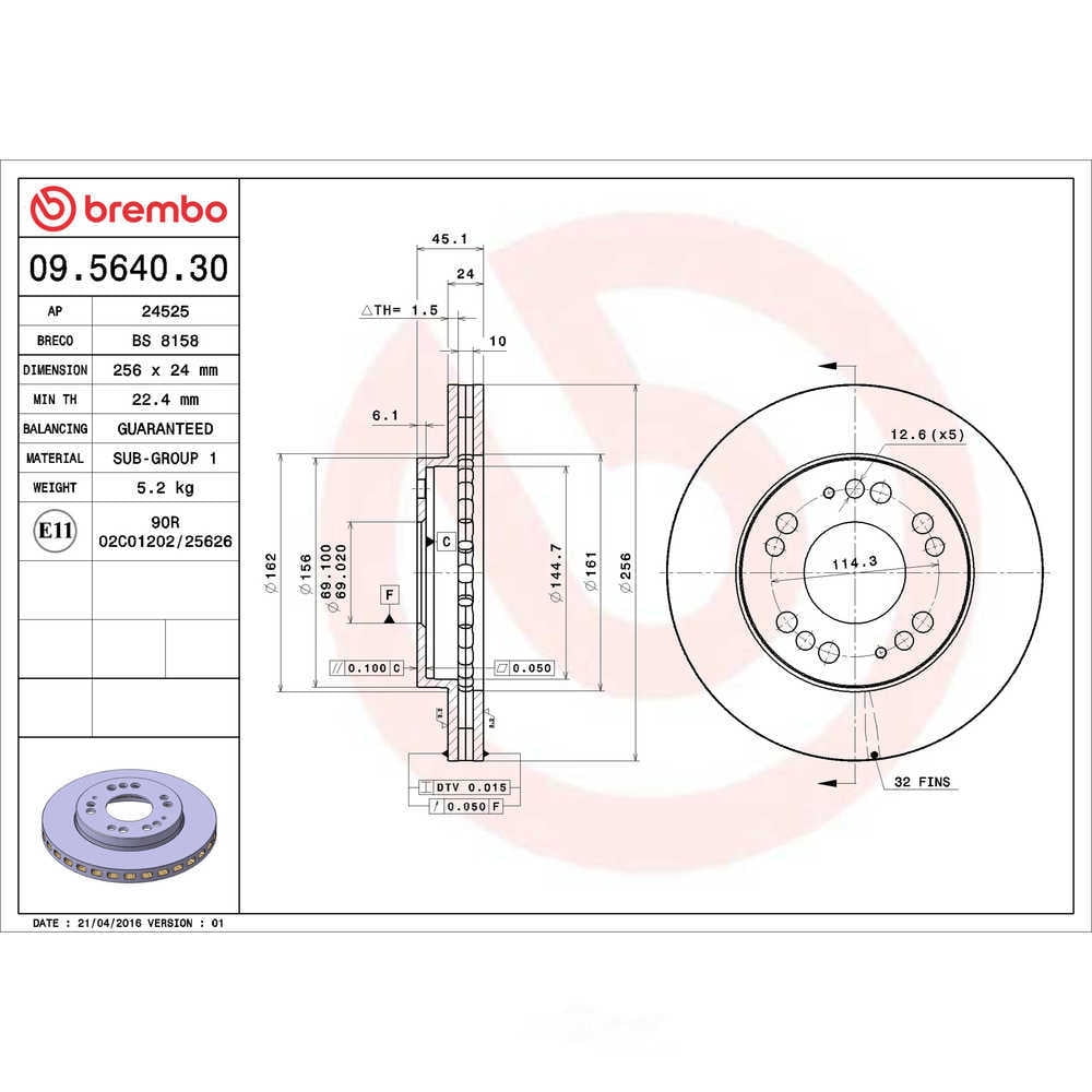 Brembo 09.5640.30 Disc Brake Rotor Fits select: 2005 CHRYSLER SEBRING, 2001-2004 CHRYSLER SEBRING LX