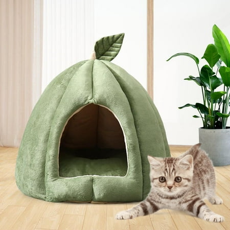 Velvet Cat Warm House Dog Tent Nest Self Warming Washable Leaves Decorative Cave Green 48x50x40cm