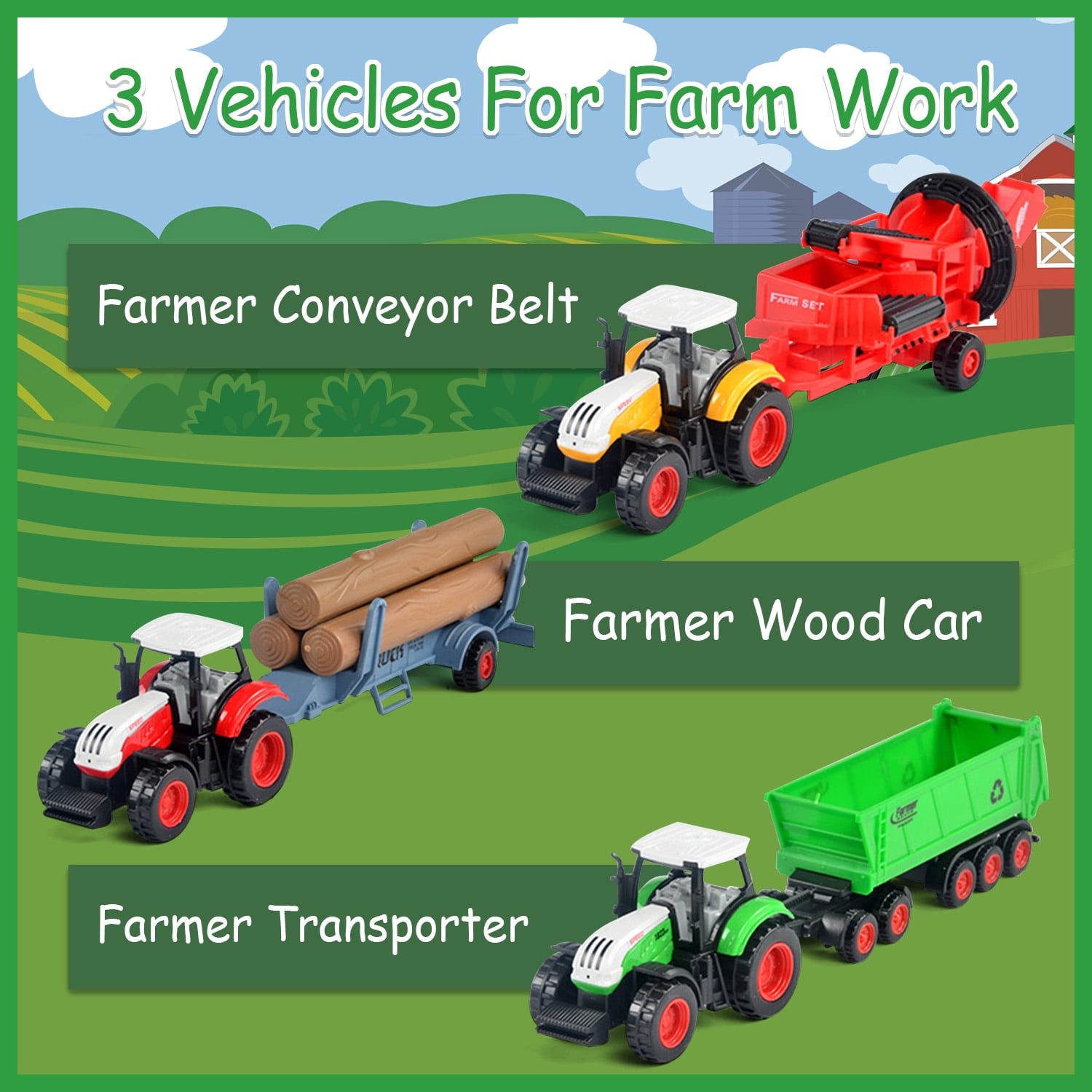 3 Pack Farm Tractor Toys, Truck Tractors for Kids 3-5 6 7 8 9 Farm Equipment Toys for 3 Years Old and Up Boys Toddlers Gifts