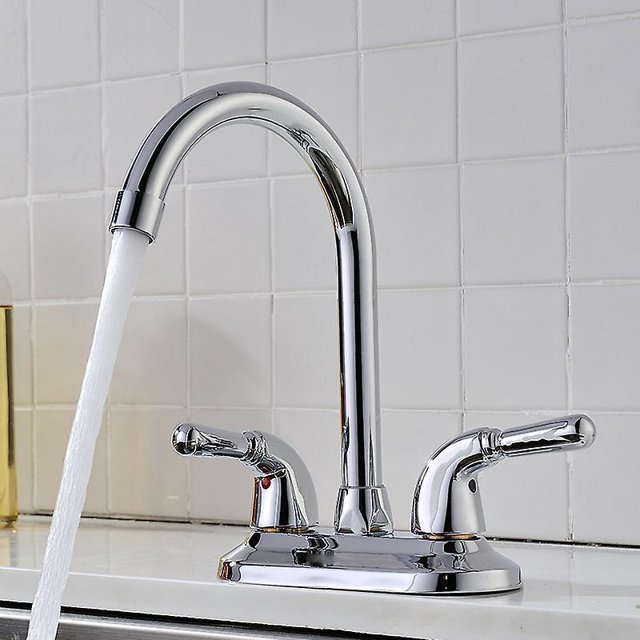 Grifo de baño cromado de dos manijas de arco bajo con conjunto de drenaje, grifo doble de cobre para lavabo frío y caliente, grifo giratorio 360, lavabo para inodoro