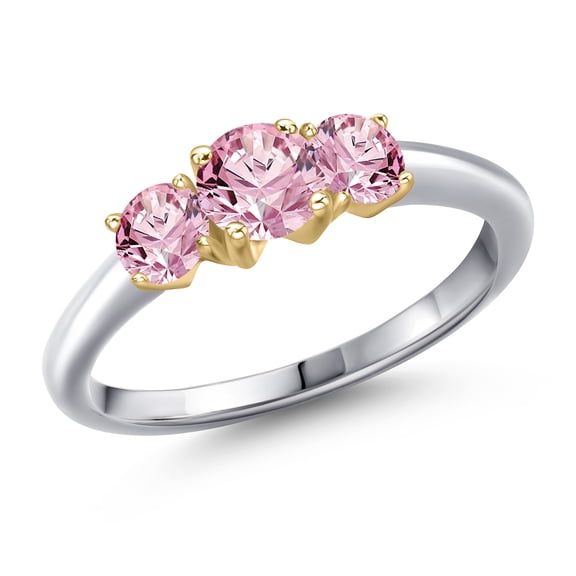 Gem Stone King 925 Silver and 10K Yellow Gold Pink Lab Grown Diamond Engagement Ring for Women | 1.00 Cttw | Round 5MM | Gemstone April Birthstone | Size 8