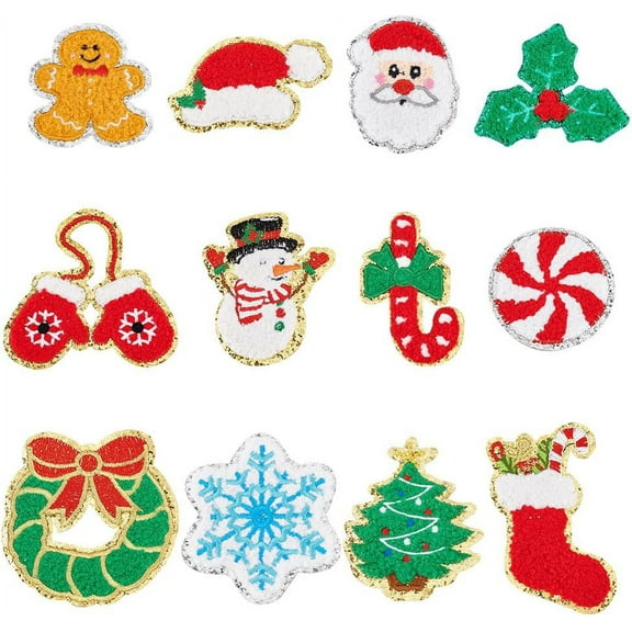 12Pcs Christmas Theme Towel Embroidery Cloth Patches Hot Glue Iron on Crochet Applique Patches Mixed Color Sew on Patches for Christmas Arts Crafts DIY Decor Costume Accessories for DIY